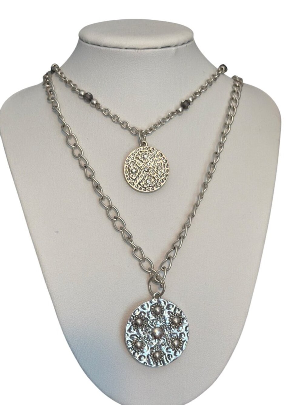 Premier Designs Silver Tone Layered Necklace Reconfigure 2 Chains Medallion